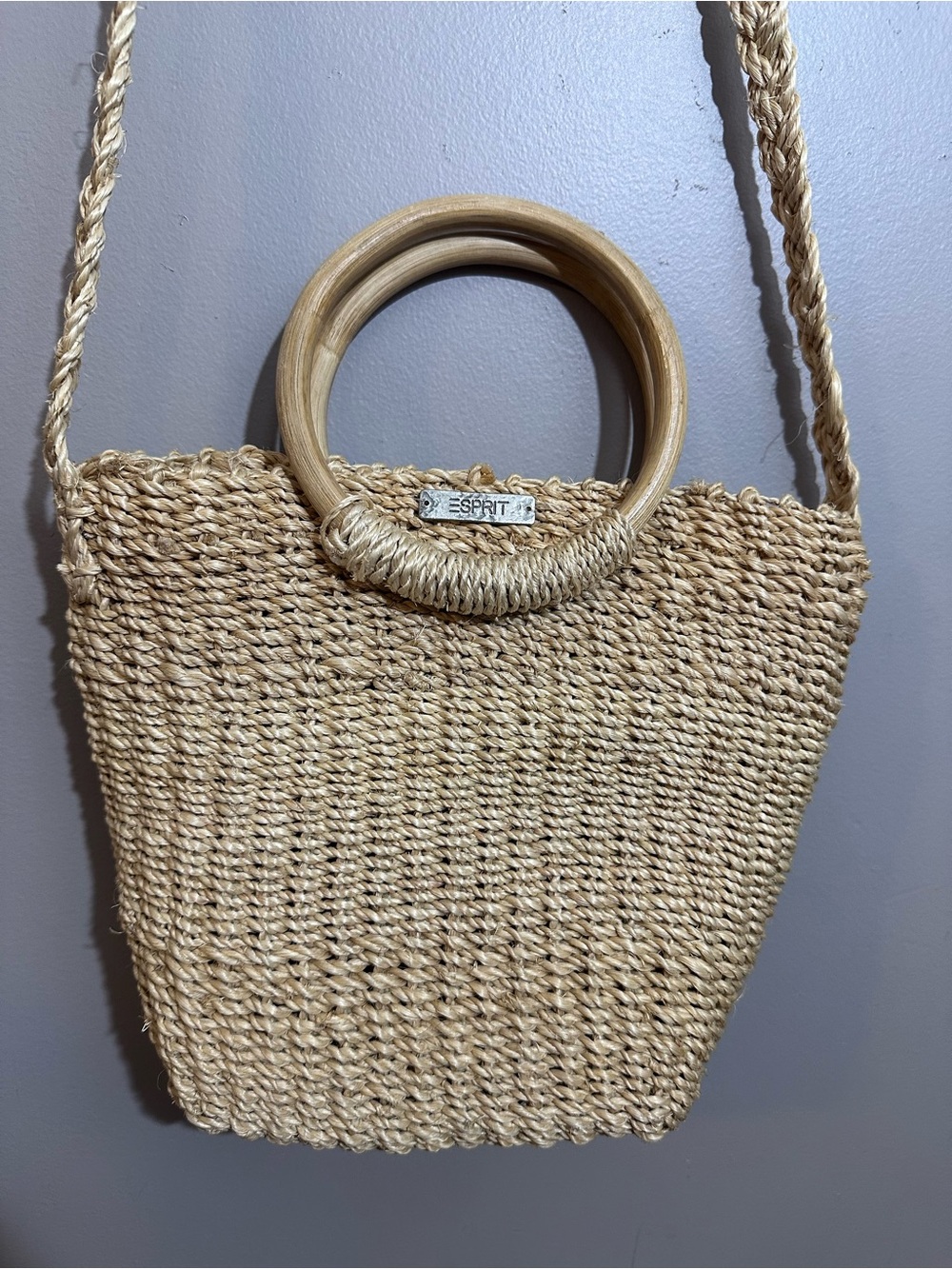 Vintage Esprit Basket Purse Woven Wicker Crossbody Wood Handle Bag Tote 9”x9”x4”